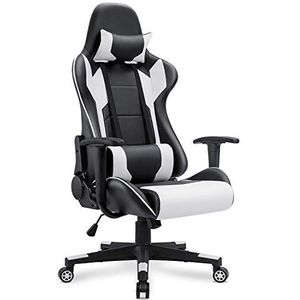 Devoko Gaming, gamer, bureaustoel met hoofdsteun en lendenkussen, in hoogte verstelbaar, draaistoel, ergonomische pc-stoel, instelbare hellingshoek, wit, hoge belastbaarheid