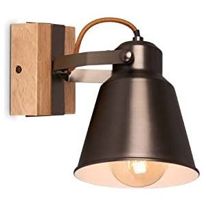 Briloner Lampen – wandlamp retro met hout, 1-vlam wandlamp vintage, E27 fitting max. 40 watt, verstelbare lampenkap, rustieke wandspot, grijs-hout