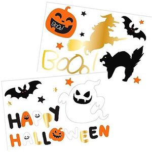 Folat 23866 23866-Happy Booo Raamsticker Decoratie Figuren Geest, Pompoen, Kat Heks, Vleermuis Zwart, Oranje, Goud voor Halloween Party Decoratie Kinderen, Veelkleurig