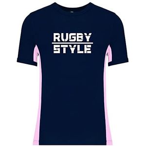 Supportershop T-shirt, katoen, tweekleurig, marineblauw en roze, rugbystijl, maat L, Marineblauw, L