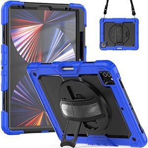 Etrui beschermhoes voor iPad Pro 12.9 2018/2020/2021, schokbestendig, robuust, 360 graden draaibaar, standaard en schouderriem - blauw + zwart