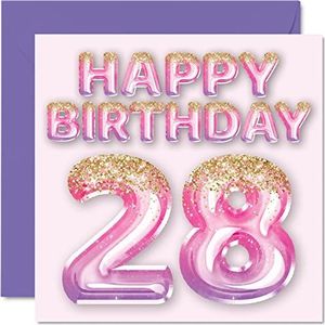 28e verjaardagskaart voor vrouwen - roze en paarse glitterballonnen - gelukkige verjaardagskaarten voor 28-jarige vrouw dochter zus tante neef, 145 mm x 145 mm achtentwintig achtentwintigste