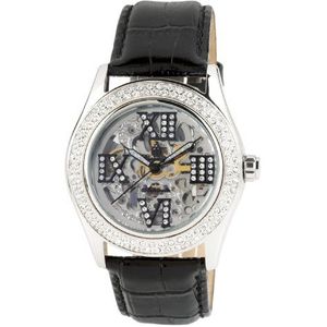 Burgmeister Ravenna dames automatisch skelet horloge BM140-102 met Swarovski kristallen en zwarte lederen band, Zilver/Zwart, Riem