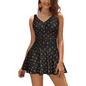 SHEKINI Vrouwen V-hals Een Stuk Rok Badpak Ruches Retro Badjurk Badpak (as1, Alpha, Zwarte kers, L