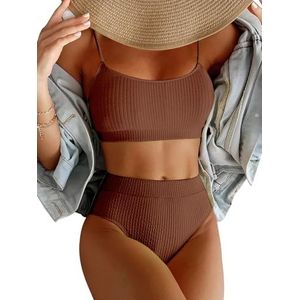 Lilosy Hoge Taille Buikcontrole Geribbelde Bikini Crop Top Braziliaanse Badpak Set 2 Stuk, Roest Rood, M