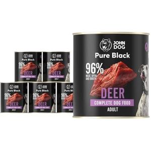 JOHN DOG Pure Black Premium natvoer voor honden, 96% vlees, hypoallergeen hondenvoer, glutenvrij natvoer, 100% natuurlijke ingrediënten, hondentraktaties, 6 x 800 g, hert
