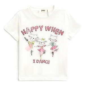 Koton Girls T-shirt met kattenprint, applicatiedetail, korte mouwen, katoen, ecru (010), 4-5 Jaar