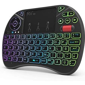 Rii Mini toetsenbord met touchpad, Smart TV toetsenbord, 2,4 GHz draadloos toetsenbord met 8 gekleurde achtergrondverlichting en scrollwiel (Duits, zwart