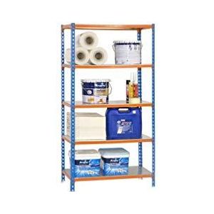 Simonrack Simonclick Opbergrek en 5 niveaus, 200 kg draagkracht en buigpunt, 2000 x 1200 x 400 mm, rek voor zware belasting, garagerek, blauw/oranje/verzinkt