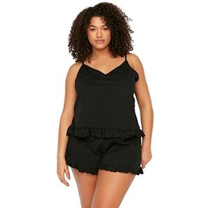 Trendyol Effen gebreid hemdje voor dames - Shorts Plus size pyjama set, Zwart, 4XL grote maten