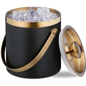Relaxdays ijsemmer, rvs, dubbelwandig, met deksel en hengsel, groot, 1,5 liter, metalen ijsblokjesemmer, zwart/goud
