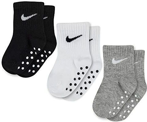 NIKE Children's Apparel Baby Ankle Gripper Socks (3 Pairs), Black/White/Grey, 6/12M