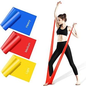 Elastische fitnessbanden (3 stuks), 1,5 m lange fitnessbanden met 3 weerstandsniveaus, elastisch, ideaal voor yoga, pilates, kracht- en flexibiliteitstraining, stretching
