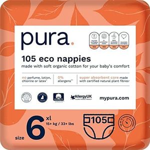 Pura Eco-vriendelijk Babyluiers Luiers Maat 6 (XL 15kg+) Maandpakket 5 x 21 per pakket, 105 luiers, peuter, EU Ecolabel gecertificeerd, gemaakt met biologisch katoen, tot 12 uur lekbescherming