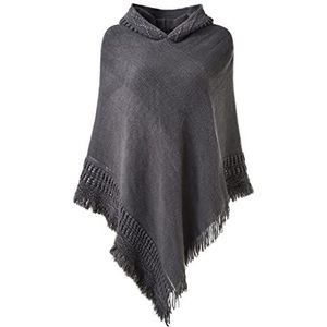 Ferand Damesponcho met capuchon en franjes aan de zoom, gehaakte cape voor herfst en winter 2023, Grijs, One size