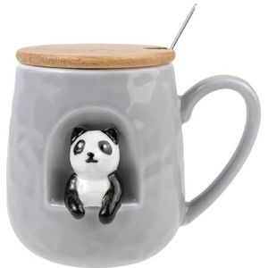 lachineuse - Panda mok - 3D reliëf - Little Panda - Porselein, Hout, Metaal - 380 ml - Met deksel en lepel - Koffie, Thee, Chocolade, Cappuccino - Origineel cadeau-idee