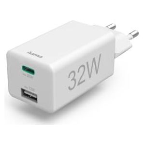 Hama Snellader 32 W (USB-C snellader, Qualcomm® Quick Charge™ 2.0/3.0 oplader, mini-compacte oplader, PD-oplader, 1 x USB-C, 1 x USB-A) wit