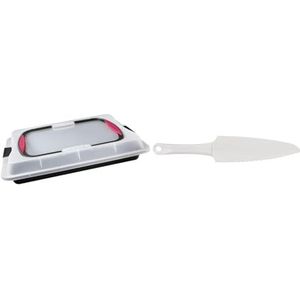 Zenker cakecontainer, rechthoekige bakvorm met deksel en non stick coating bakplaat (Kleur: zwart, transparant, rood), Aantal: 1 stuk & Zenker Taartmes, kunststof, wit, 29 x 5 x 1 cm