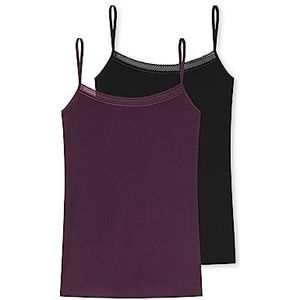 Schiesser Dames 2 stuks spaghettitop onderhemd biologisch katoen met kant katoen kant ondergoed, zwart/plum, 38, Schwarz/Plume, 38