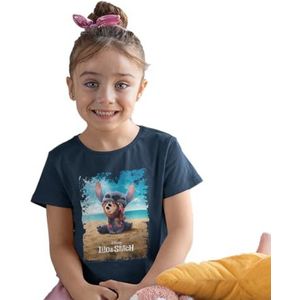 Disney Lilo & Stitch Beach Scene Girls T-shirt - Realistische Stitch Holding Coconut - Schattig zomerpersonage grafisch T-shirt, Marine., 8 Jaren