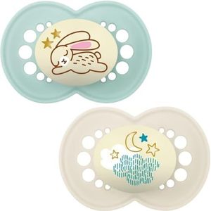 MAM Latex Original Night Soothers 6 Months + (Pack of 2), Glow in the Dark Baby Soothers with Self Sterilising Travel Case, Newborn Essentials, Grey/White, (Designs May Vary)