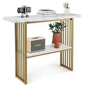 COSTWAY Consoletafel smal, bijzettafel, goudkleurig, marmerlook, houten haltafel, 2 niveaus, 120 x 29,5 x 92,5 cm, ideaal voor hal en woonkamer, modern