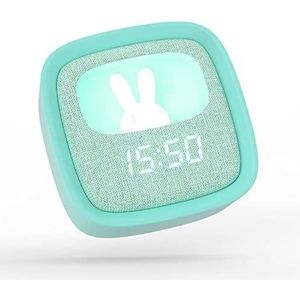 Billy Clock, wekker en nachtlampje voor kinderen, motief konijnen, stof en kunststof, soft-touch-programmering, datum-, tijd- en 3-alarmprogrammering, helderheid verstelbaar, turquoise