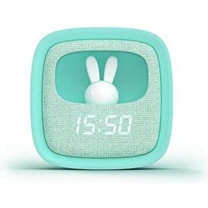 Billy Clock, wekker en nachtlampje voor kinderen, motief konijnen, stof en kunststof, soft-touch-programmering, datum-, tijd- en 3-alarmprogrammering, helderheid verstelbaar, turquoise