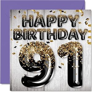 91e verjaardagskaart voor mannen - zwarte en gouden glitterballonnen - gelukkige verjaardagskaarten voor 91-jarige man, vader, overgrootvader, opa oma, 145 mm x 145 mm, eenennegentigste verjaardag