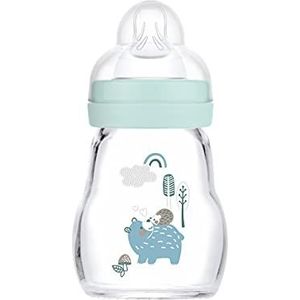 MAM 81938411 Feel Good glazen babyflesje (170 ml), babyfles met brede opening, stabiele zuigfles met speentje in maat 1, vanaf 0 maanden, natuurlijke motieven, beer/egel,Mint