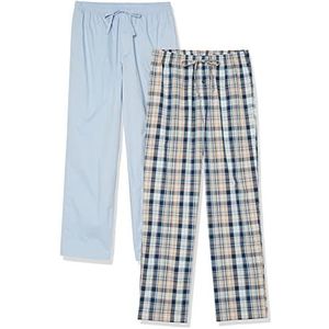 Amazon Essentials Herenpyjamabroek, katoen, popeline, volledige lengte, pak van 2, stoffig blauw/marineblauw geruit, XX-Small