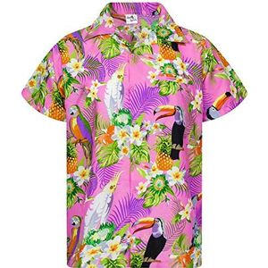 Funky Hawaiiaans Overhemd, Hawaii-Overhemd, Korte Mouw, Parrot Cockatoo, Lichtroze, 4XL