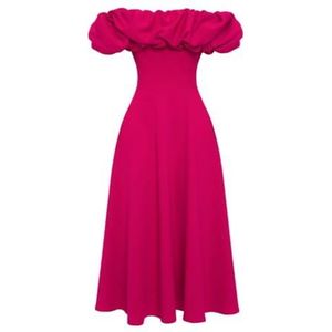 Swing Fashion Donkerroze uitlopende midi-jurk met Spaanse halslijn en ruches versiering Grace | maat 42, roze, 42