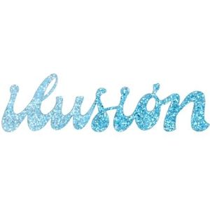 Craftelier - Plexiglas reliëf met woord: illusie | Licht en bevestigd met lijm of dubbelzijdig plakband | Afmeting: 8 x 2,4 cm | Kleur: blauw met glitter