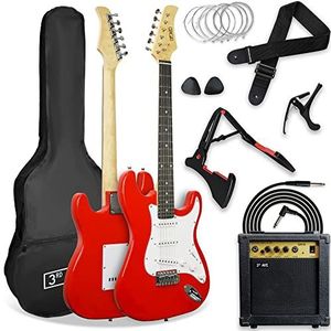 3rd Avenue XF 4/4 formaat elektrische gitaar, ultieme kit met 10W versterker, kabel, statief, gigbag, gitaarband, reservesnaren, plectrums, capo - rood