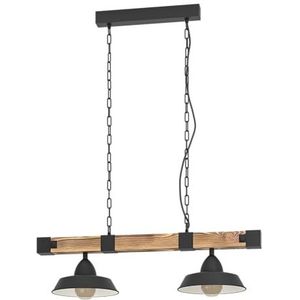 EGLO hanglamp Oldbury, 2-lichts vintage pendellamp in industrieel ontwerp, plafondlamp hangend van staal en hout, kleur zwart, bruin rustiek, E27, 86 cm, FSC-gecertificeerd
