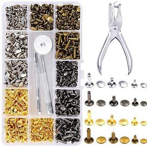 Generic Leer, 360 set dubbele kop gatentang 3 maten dubbele kap klinknagel voor schoenkleding lederhandwerk doe-het-zelf projecten (4 kleuren)