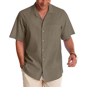 Alimens & Gentle Katoenen linnen herenoverhemden met korte mouwen, button-down shirts, zomer strand Hawaïaans shirt voor heren, kaki, L