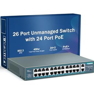 YuanLey 26 PoE-poorten, 24 PoE-poort, 100 Mbps, 2 Gigabit Uplink, 802.3af/at High Power 400 W, Plug and Play niet in een rack beheerd