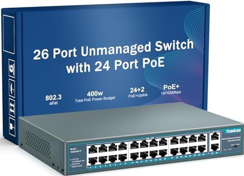YuanLey 26 PoE-poorten, 24 PoE-poort, 100 Mbps, 2 Gigabit Uplink, 802.3af/at High Power 400 W, Plug and Play niet in een rack beheerd