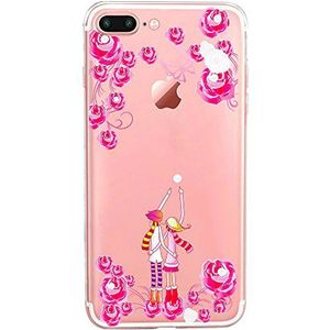 Hoes compatibel met iPhone 8 Plus / 7 Plus | transparante beschermhoes van siliconen | In koppels Love bloemenprint/motief | in roze roze