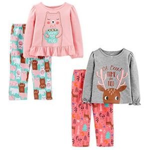 Simple Joys by Carter's 4-delige pyjamaset voor meisjes (katoenen top en fleece onderkant), Grijze rendierprint/lichtroze beer/mintgroen/roze, 4 jaar