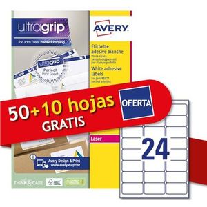 Avery Italia L7159-60P etiketten, wit, 50 + 10 vellen, rechthoekig, 63,5 x 33,9 mm, 24 etiketten per vel, permanent hechtend, laserprinter