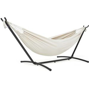 Mondeer Hangmat met standaard, dubbele stof campinghangmat met metalen frame, draagtas tot 200 kg, voor kamperen, reizen, terras, buitentuin, beige