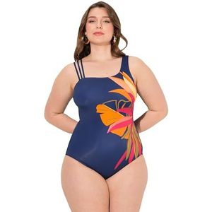 Ulla Popken Badpak voor dames, grote maten, plussize, bladeren, softcups, driedelige bandjes, gerecycled, marineblauw, 52