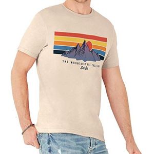 DelSol Heren Classic Crew Tee - Mountain Calling, Natural T-Shirt - Changes van Black naar levendige kleuren in The Sun - 100% gekamd, ringgesponnen katoen, fijne jersey - maat XL