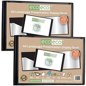 eco-eco A4 50% gerecycled 20 vakken zwart landschap presentatie display boek, opbergkoffer portfolio kunstmap met plastic hoezen (pak van 2), eco095x2