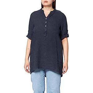 Bonateks, Blouse met geknoopte tuneseerkraag en lange, opsteekbare mouwen, 100% linnen, DE-maat: 40, Amerikaanse maat: XL, bovenstuk, marine - Made in Italy, blauw, 40