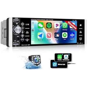 CAMECHO Carplay Autoradio, 1 Din met bluetooth, handsfree, Android auto, stereo auto met 5,1 inch scherm, spiegellink FM/AM/RDS en USB + stuurbediening, achteruitrijcamera