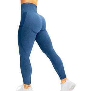 HIGORUN Vrouwen Naadloze Leggings Smile Contour Hoge Taille Workout Gym Yoga Broek Blauw, Donkerblauw, M